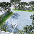 Outdoor Basketball Court With Yellow Line Markings Surrounded by Trees and Fenced Area