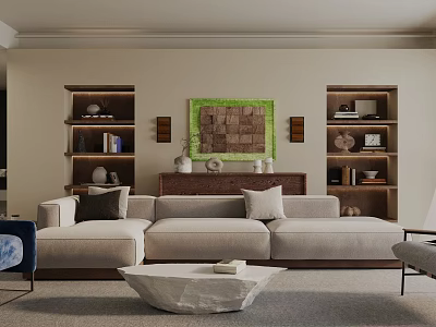 Modern Living Room Interior With Beige Sofa Stone Coffee Table Shelves And Decorative Painting 3d model