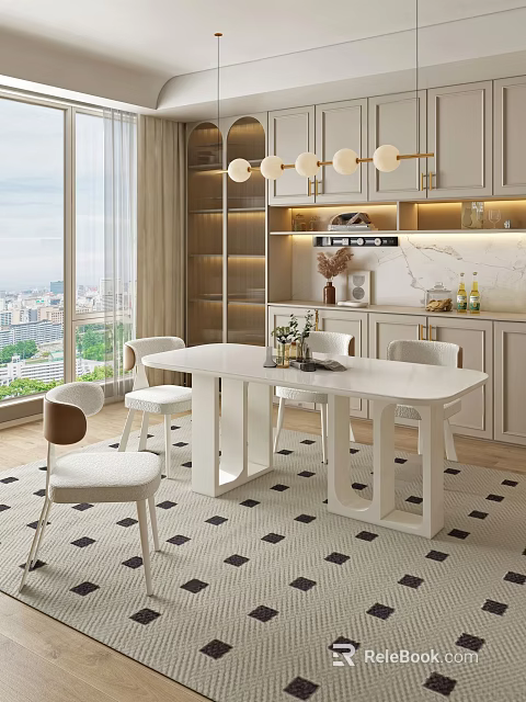 Elegant Dining Room With White Table Four Chairs Floor to Ceiling Windows Cityscape Pendant Lights 3d model 