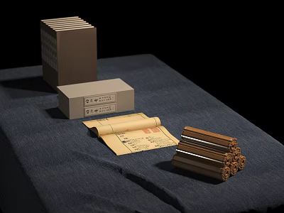 Ancient Traditional Documents Display With Stacked Bamboo Slips Old Scroll And Wooden Box 3d model