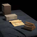 Ancient Traditional Documents Display With Stacked Bamboo Slips Old Scroll And Wooden Box