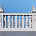 White Stone Railing with Lion Statues on Ends and Carved Balusters