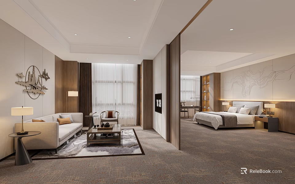 Modern Hotel Room Interior With Living Area Sofa King Bed Carpet And Decorative Elements 3d model 