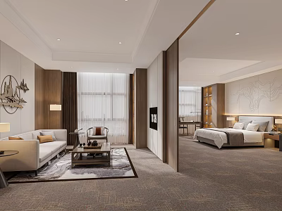 Modern Hotel Room Interior With Living Area Sofa King Bed Carpet And Decorative Elements 3d model