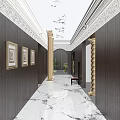 Elegant Office Corridor With Dark Wood Walls Golden Columns Ornate Ceiling And Marble Flooring