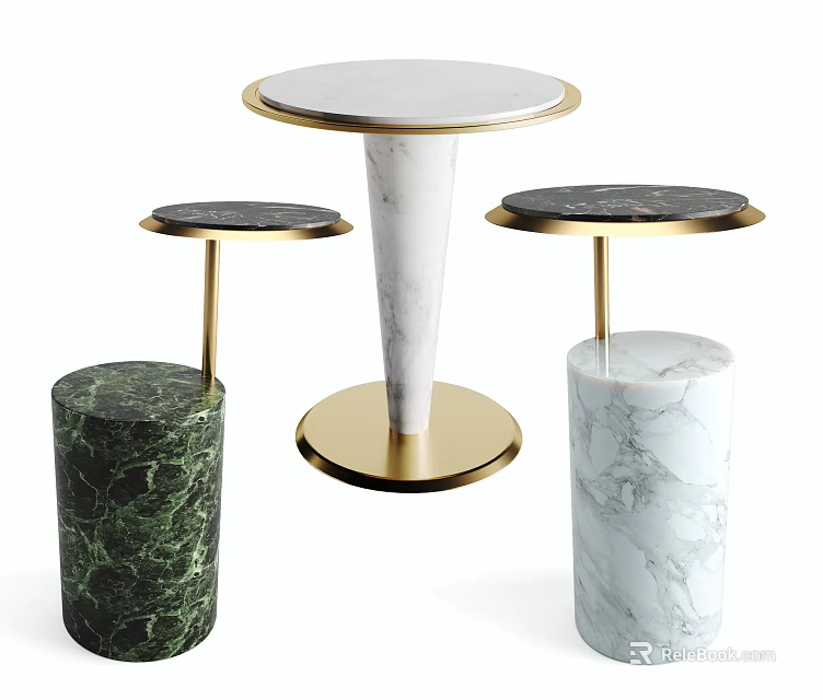 Modern Circular Marble Top Side Tables with Gold Metal Base and White Green Black 3d model 