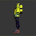 Yellow Jacket With Black And Green Accents Purple Pants And Blue Sneakers
