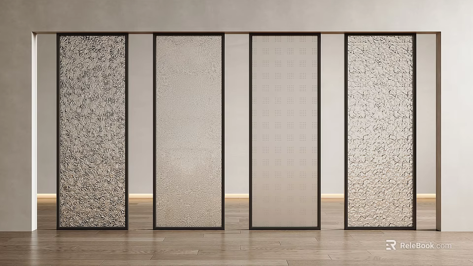 Modern Decorative Glass Room Dividers With Various Textures And Black Frames In Interior Space 3d model 