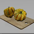 Two Vibrant Striped Pumpkins On Wooden Cutting Board For Food Preparation