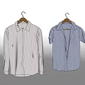 Casual Beige Striped Long Sleeve and Light Blue Short Sleeve Shirts Hanging on Hangers