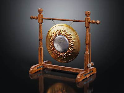 Traditional Chinese Gong Musical Instrument With Wooden Stand And Golden Decorative Pattern 3d model