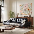 Black Leather Multi person Sofa Interior With Green Plant Floral Painting Wooden Cabinet And Coffee Table