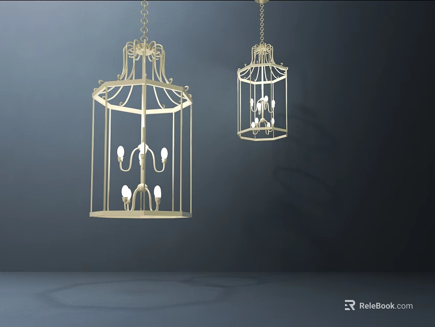 Elegant Golden Cage Shaped Chandeliers With Decorative Metal Frame And Bulbs 3d model 