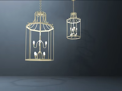 Elegant Golden Cage Shaped Chandeliers With Decorative Metal Frame And Bulbs 3d model