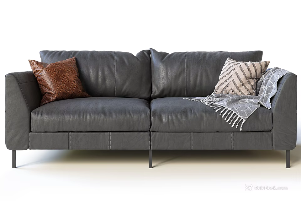 Modern Gray Leather Double Sofa With Brown And Patterned Pillows And Gray Blanket 3d model