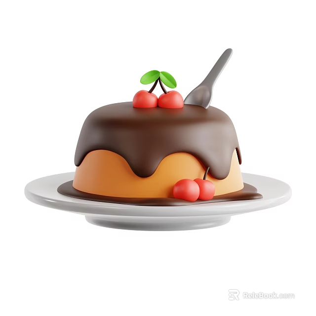 Moist Chocolate Cake with Flowing Chocolate Glaze Top Cherries and Spoon on White Plate 3d model 