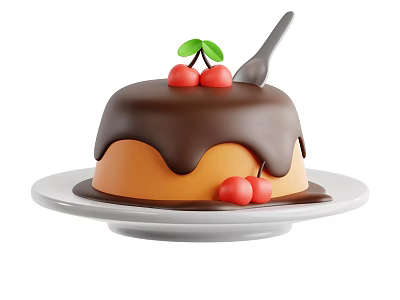 Moist Chocolate Cake with Flowing Chocolate Glaze Top Cherries and Spoon on White Plate 3d model