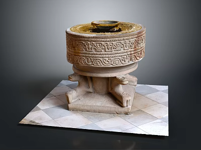 Decorative Stone Basin With Intricate Carvings On Diamond Pattern Platform 3d model