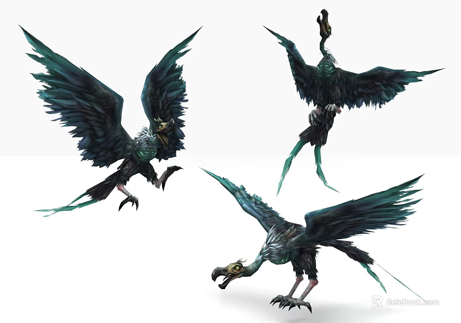 Fierce Eagle Like Creature Game and Movie Character in Various Poses with Green Black Feathers 3d model 