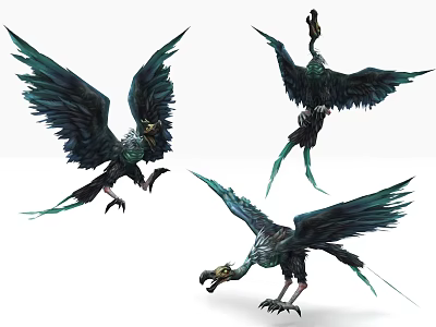Fierce Eagle Like Creature Game and Movie Character in Various Poses with Green Black Feathers 3d model