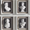 White Bust Portrait Paintings in Golden Frames Arranged in Grid on Wall