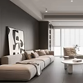 Modern Living Room Interior With Gray Sofa Beige Armchair Round Coffee Table And Blinds