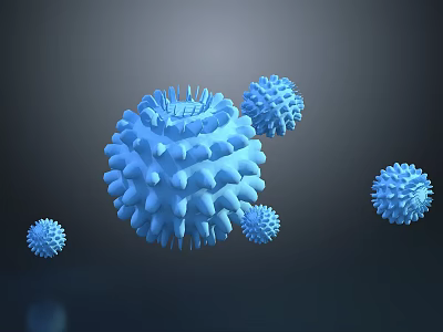 Blue Viral Particles Of Various Sizes With Spiked Structures On Dark Background 3d model