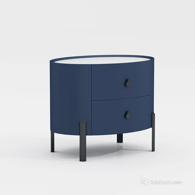 Navy Blue Bedside Table with Round Top Two Drawers and Black Legs 3d model