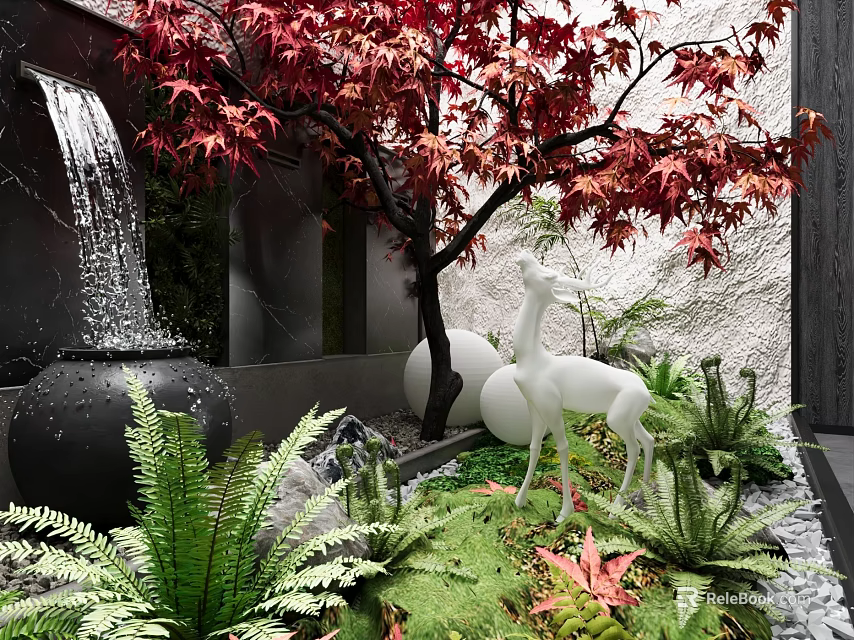 Serene Garden Landscape With Red Maple Tree Waterfall White Deer Sculpture And Green Plants 3d model 