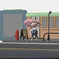 Game Movie Cartoon Character Wearing Glasses Holding Pink Umbrella on Rainy Street With Red Hydrant