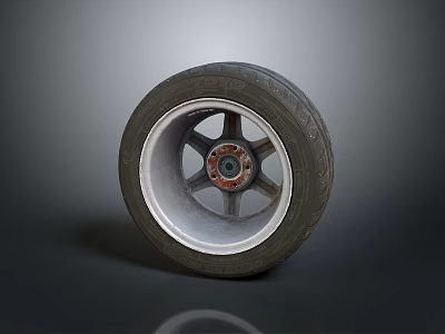 Car Tire With Alloy Wheel Rim And Red Center Cap On Gray Background 3d model