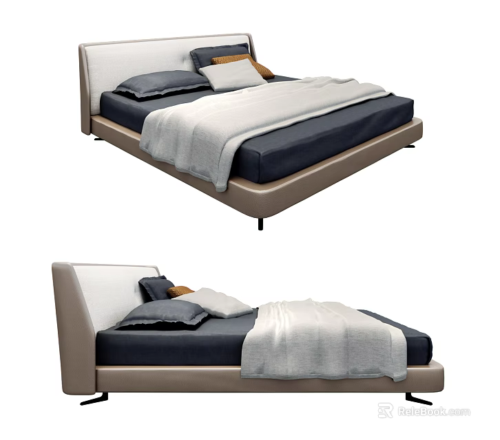 Modern Double Bed With Light Headboard Dark Mattress And White Bedding Design 3d model 
