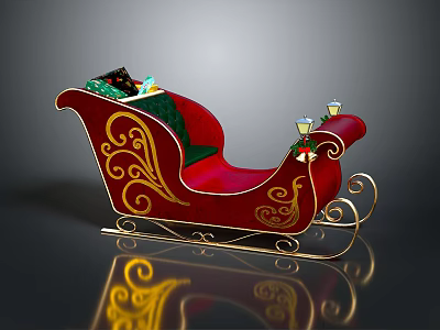 Festive Red Christmas Sleigh Decorated With Gold Patterns Green Cushion And Gifts 3d model