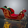 Festive Red Christmas Sleigh Decorated With Gold Patterns Green Cushion And Gifts