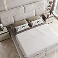 Modern Double Bed With Upholstered Headboard Nightstands Soft Bedding And Decorative Items
