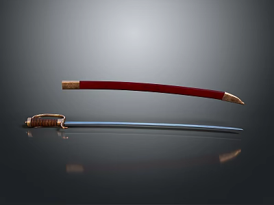 Traditional Sword With Red Scabbard Brown Hilt And Silver Blade On Gray Background With Reflection 3d model