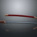 Traditional Sword With Red Scabbard Brown Hilt And Silver Blade On Gray Background With Reflection