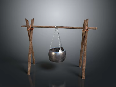 Rustic Wooden Stand With Hanging Metal Pot As Essential Household Item 3d model
