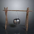 Rustic Wooden Stand With Hanging Metal Pot As Essential Household Item