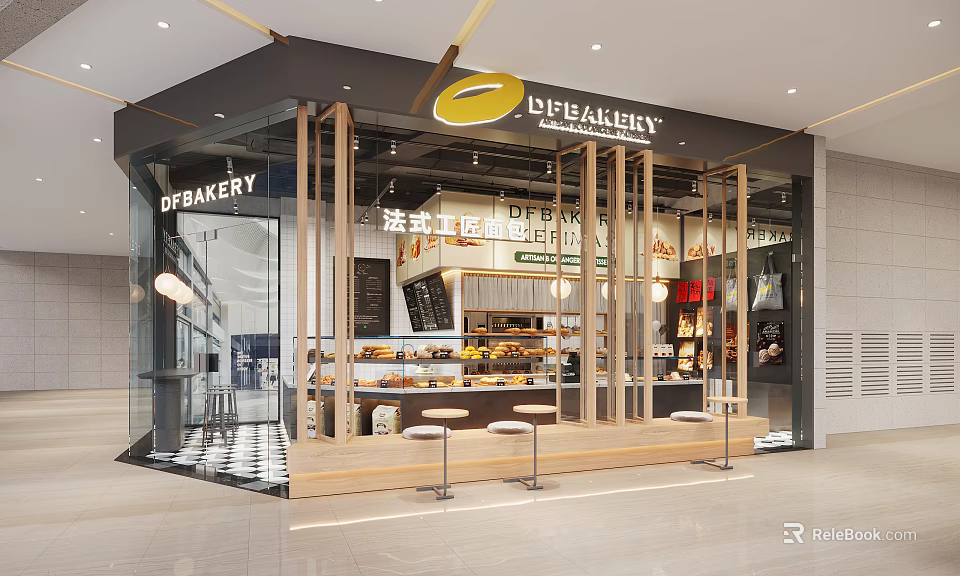 SpeakBakey Bakery Modern Storefront With Glass Windows Display Cases Fresh Pastries And Seating 3d model 