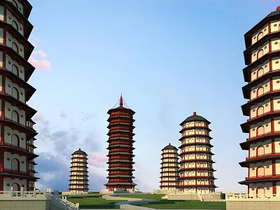 Chinese Multi Tiered Pagodas With Red White Exteriors Pointed Roofs Against Blue Sky Green Grass 3d model