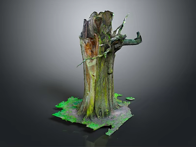 Rustic Natural Wood Stump Decoration With Textured Bark Green Moss And Stone Base 3d model