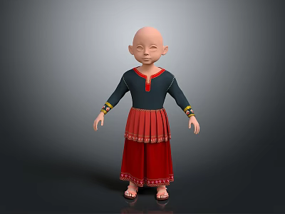 Game and Movie Character Bald Head Child Dark Top Red Skirt Decorative Details Barefoot Look 3d model