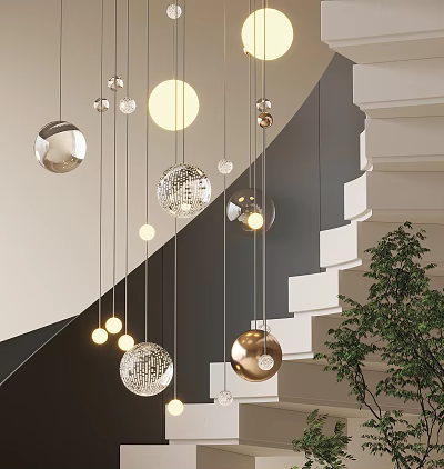 Elegant Metallic Spherical Chandelier with Gold Silver Balls Hanging in Modern Staircase Interior 3d model