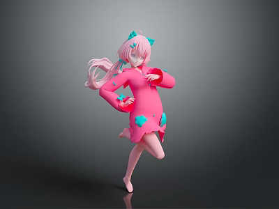 Stylish Woman With Pink Hair And Blue Bows Dancing In Pink Dress On Gray Background 3d model
