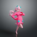 Stylish Woman With Pink Hair And Blue Bows Dancing In Pink Dress On Gray Background