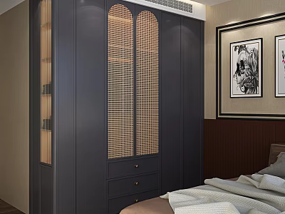 Modern Dark Wardrobe Bedroom Interior With Grille Doors And Drawer Storage 3d model