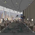 Spacious Hotel Public Lounge With Large Windows City View Comfortable Sofa Seats And Modern Chandeliers
