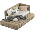 Tufted Upholstered Kids Bed In Beige Gray Velvet With Stuffed Bear And Pillows