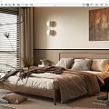 Cozy Modern Bedroom Interior With Wooden Bed Frame Pillows Wall Art Window Blinds And Curtains